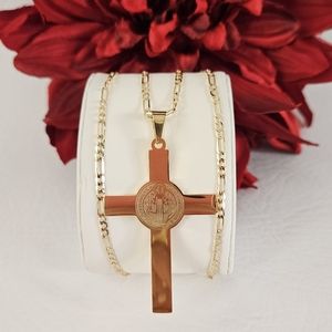 Stainless Steel St Benedict Medal Cross Necklace